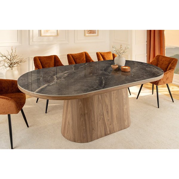 riess-ambiente Esstisch UNIQUE 200cm Keramik grau – oval, Walnuss Säulenfuß braun (Einzelartikel, 1-St), moderner Materialmix, Design-Tisch, Esstisch für 8 Pers