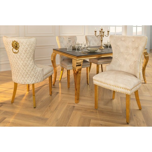 riess-ambiente Esszimmerstuhl CASTLE DELUXE beige/gold - Samt, Edelstahl, Löwenkopf-Griff (Einzelartikel, 1 St), glamouröser Stuhl mit Nieten - ideal für Deinen