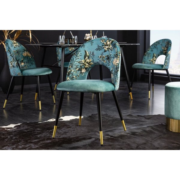 riess-ambiente Esszimmerstuhl PRÊT-À-PORTER türkis – Samt, florales Muster, goldene Fußkappen (Einzelartikel, 1 St), Retro-Stuhl mit Glamour-Effekt – ideal für 