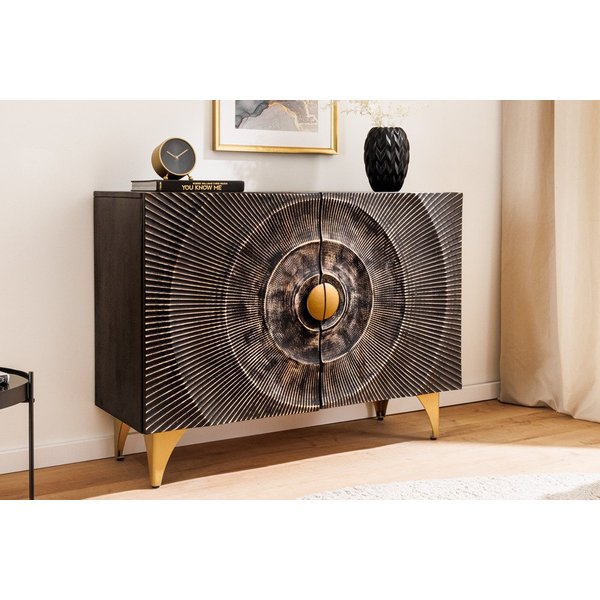riess-ambiente Sideboard 100cm schwarz/gold - Mango-Massivholz, Metall, 3D-Front (Einzelartikel, 1 St), handgefertigt & lackiert - ideal für Wohn- und Esszimmer