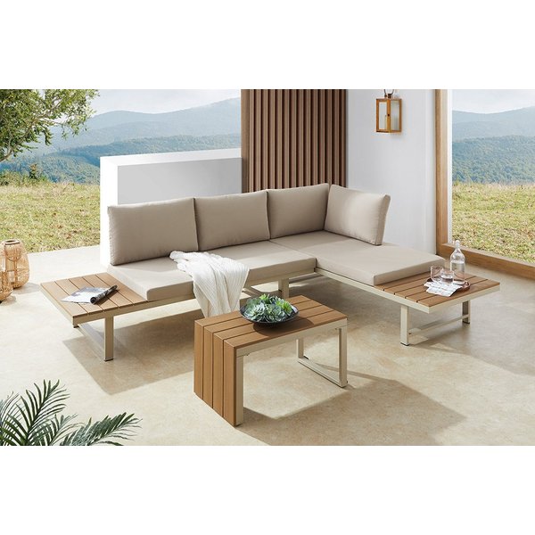riess-ambiente Sitzgruppe IBIZA MODULAR LOUNGE 250cm champagner greige/natur - WPC, wetterfest, (Set, 3-tlg., 2x Sitzelement, Tisch, 2x Sitzkissen, 4x Rückenkis