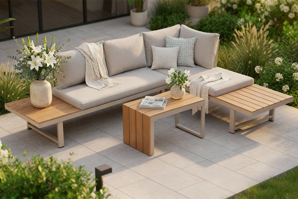 riess-ambiente Sitzgruppe IBIZA MODULAR LOUNGE 250cm champagner greige/natur - WPC, wetterfest, (Set, 3-tlg., 2x Sitzelement, Tisch, 2x Sitzkissen, 4x Rückenkis – Bild 3 von 5
