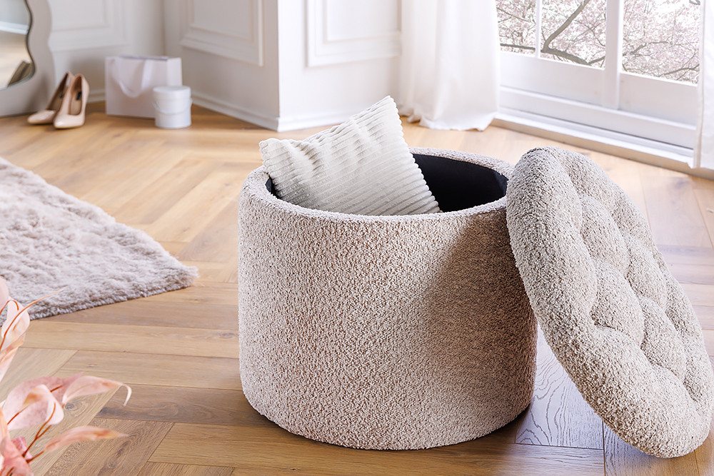 riess-ambiente Sitzhocker MODERN BAROCK 50cm champagner · Aufbewahrungskorb mit Bouclé-Bezug (Einzelartikel, 1 St), zylinderförmig · rund · abnehmbarer Deckel · – Bild 2 von 5