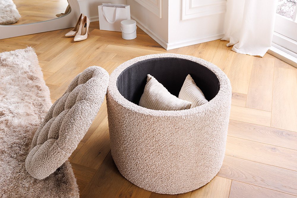 riess-ambiente Sitzhocker MODERN BAROCK 50cm champagner · Aufbewahrungskorb mit Bouclé-Bezug (Einzelartikel, 1 St), zylinderförmig · rund · abnehmbarer Deckel · – Bild 4 von 5