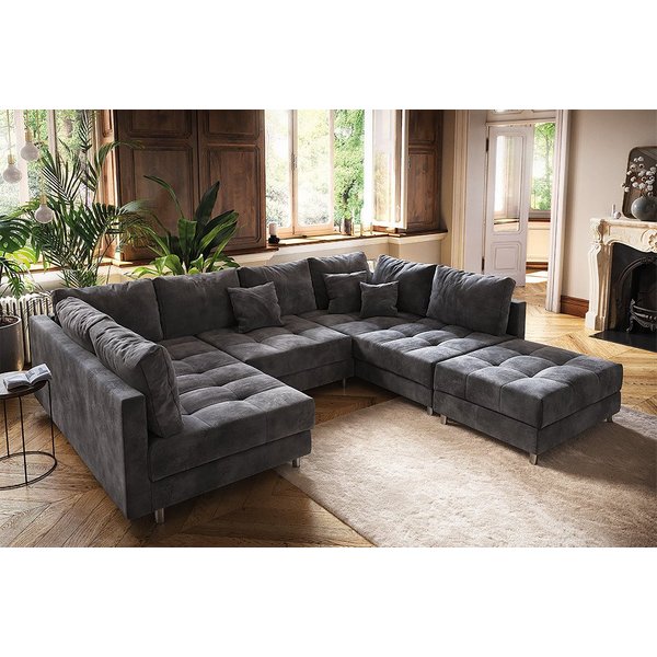 riess-ambiente Wohnlandschaft KENT 305cm grau/silber – Samt, U-Form, mit Kissen & Hocker, Einzelartikel 1 Teile, großes Bigsofa mit Hocker & Federkern – ideal f