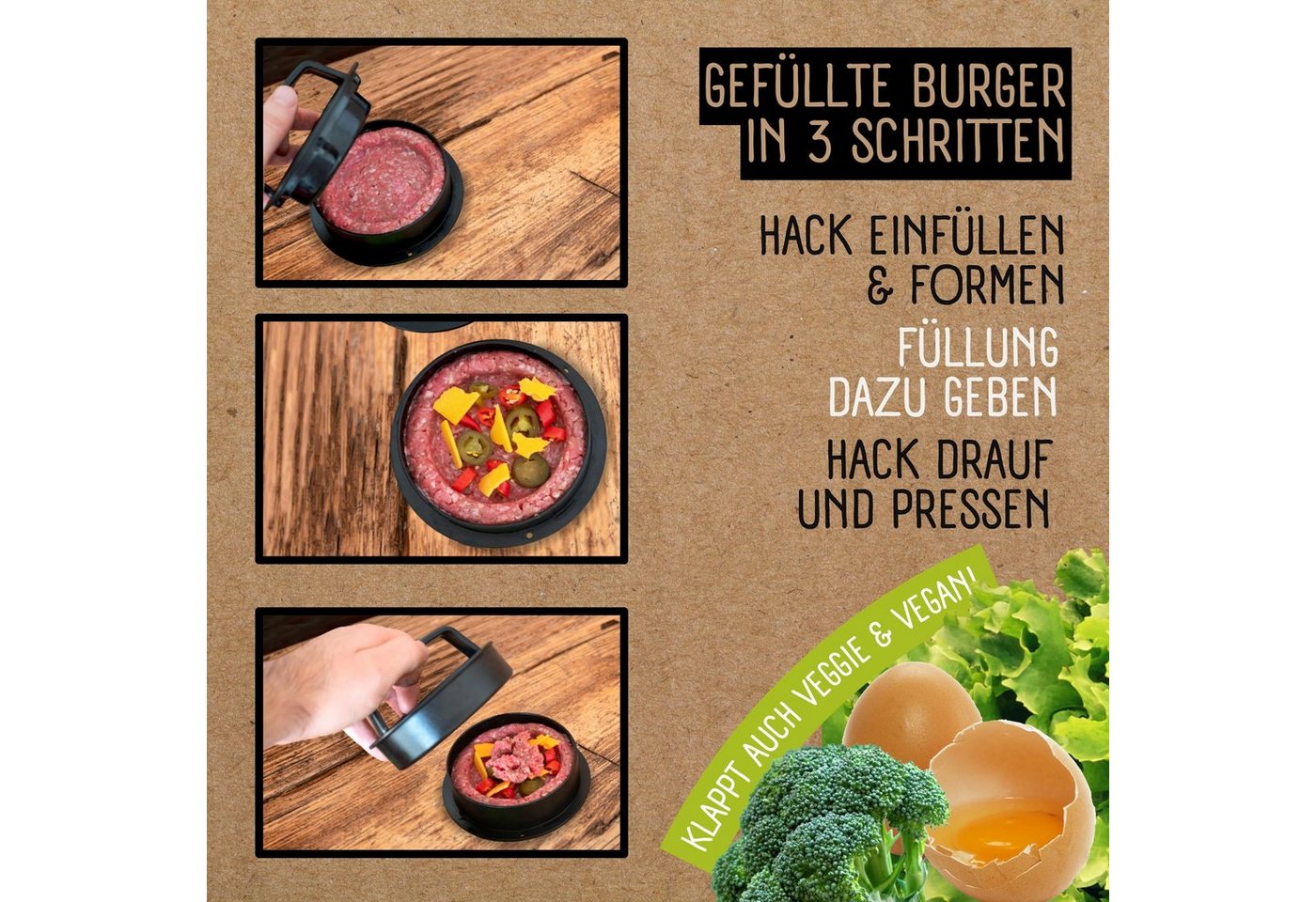 riijk Burgerpresse Hamburgerpresse, Kunststoff, Burgerpresse Set mit Pattie-Trenner und Rezepten – Bild 3 von 5