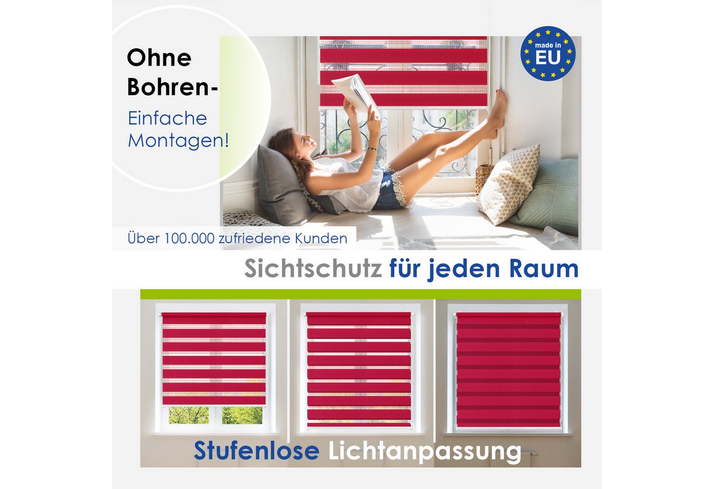 Doppelrollo Klemmfix, ohne Bohren, Sichtschutz, Rikmani, Klemm- oder Schraubmontage, Moderne Optik, Klemm- oder Schraubmontage, Sicht- und Sonnenschutz – Bild 3 von 5