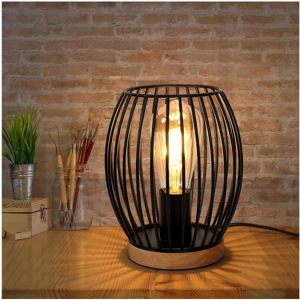 Riserva Außen-Tischleuchte Retro Tischlampe Schwarz mit E27 Fassung & Holz Basis Nachttisch Lampe