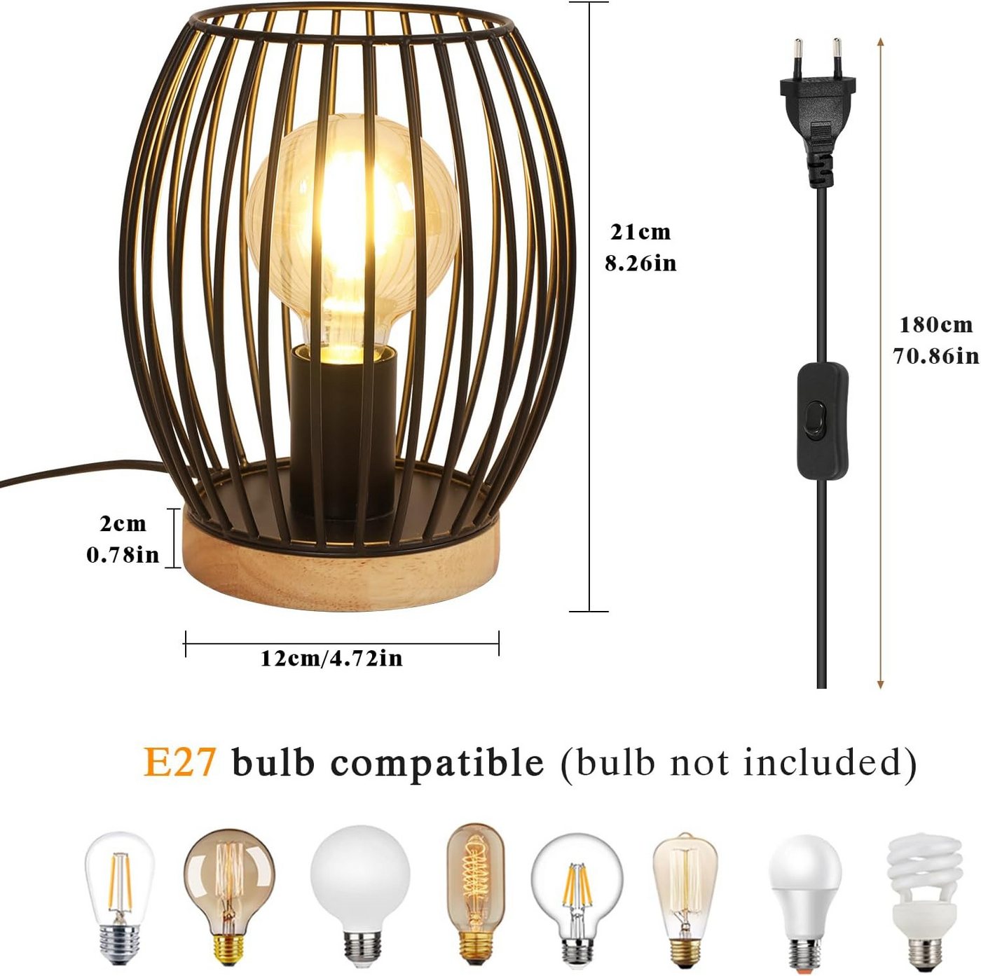 Riserva Außen-Tischleuchte Retro Tischlampe Schwarz mit E27 Fassung & Holz Basis Nachttisch Lampe – Bild 4 von 5