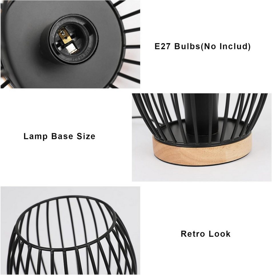 Riserva Außen-Tischleuchte Retro Tischlampe Schwarz mit E27 Fassung & Holz Basis Nachttisch Lampe – Bild 5 von 5