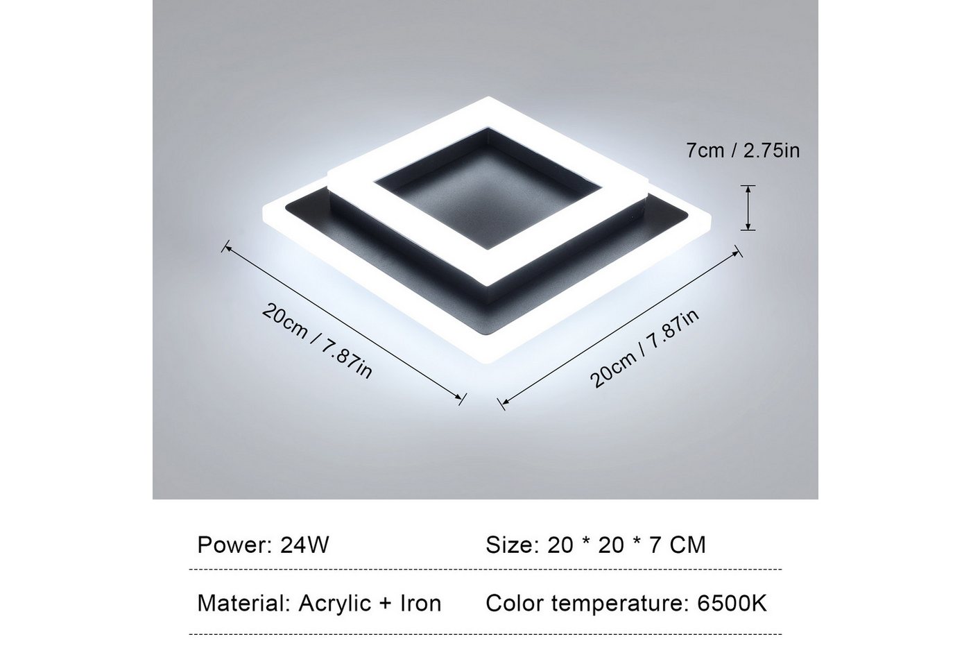 Riserva Deckenleuchten LED Deckenleuchte 24W, schwarz, 20cm, 6500K, Acryl, quadratisch – Bild 4 von 5
