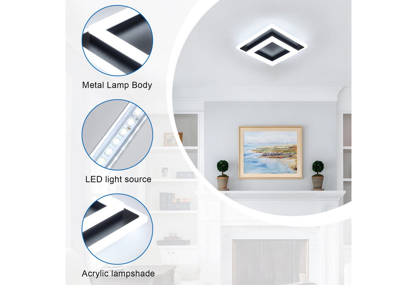 Riserva Deckenleuchten LED Deckenleuchte 24W, schwarz, 20cm, 6500K, Acryl, quadratisch – Bild 5 von 5