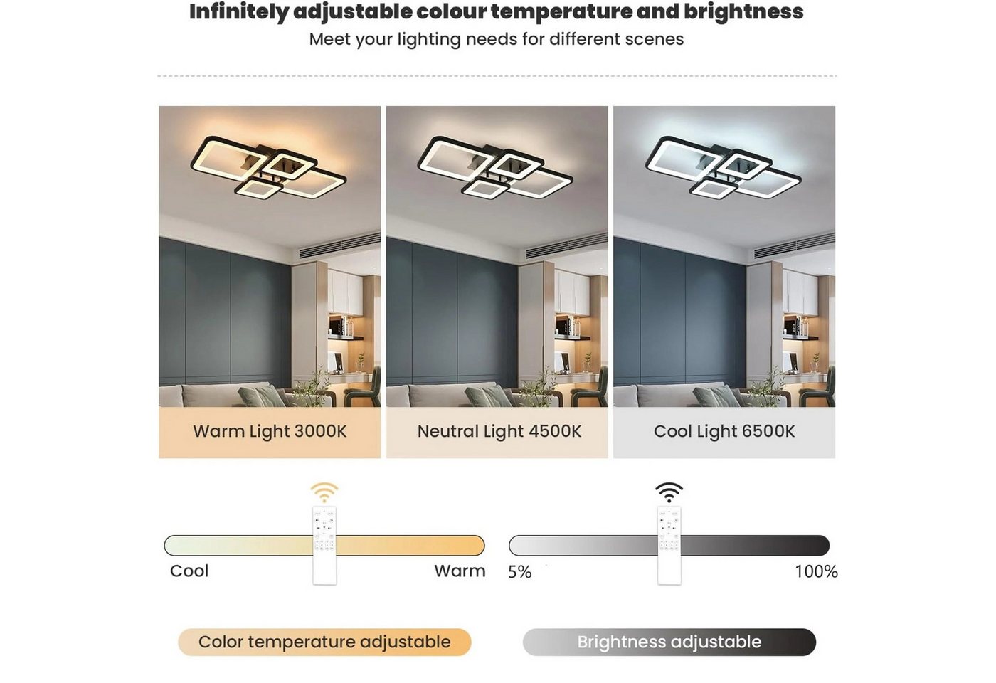 Riserva Deckenleuchten LED Deckenleuchte Schwarz 54W Stufenlos Dimmbar mit Fernbedienung, LED wechselbar – Bild 5 von 5