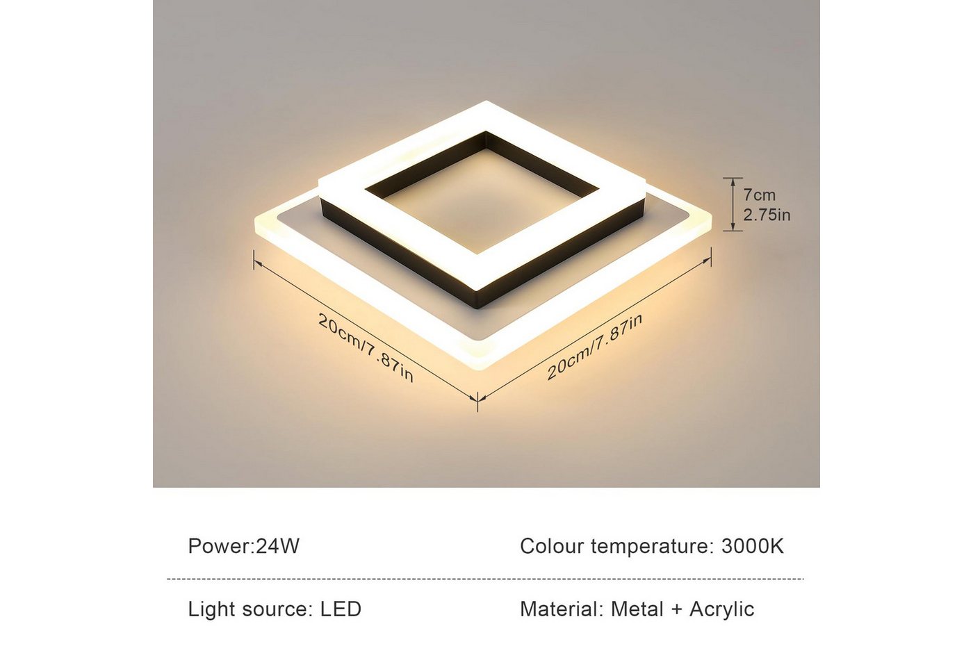 Riserva Deckenleuchten Moderne Quadrat LED Deckenleuchte Schwarz Weiß 24W Warmweiß 3000K – Bild 3 von 5