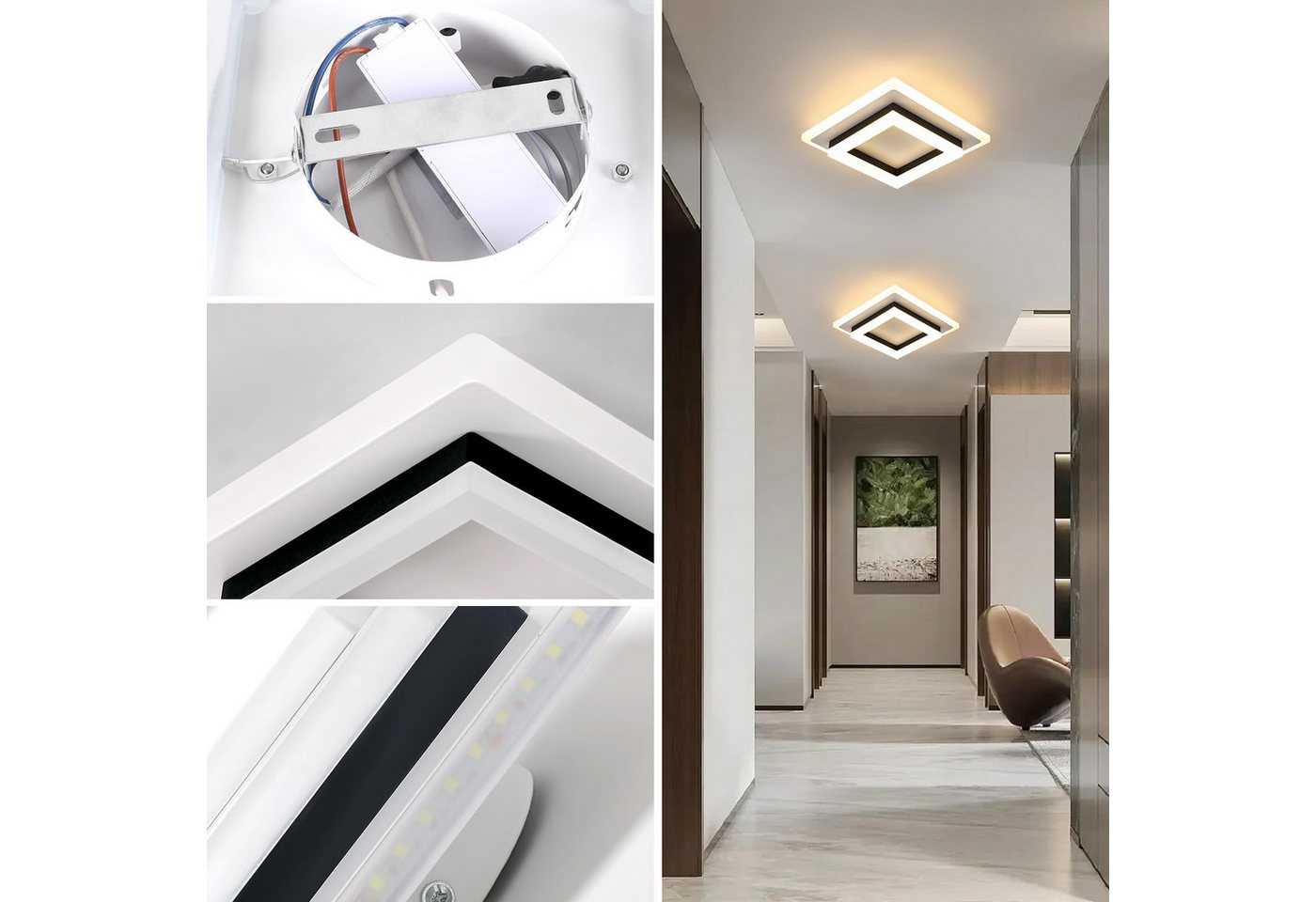 Riserva Deckenleuchten Moderne Quadrat LED Deckenleuchte Schwarz Weiß 24W Warmweiß 3000K – Bild 4 von 5