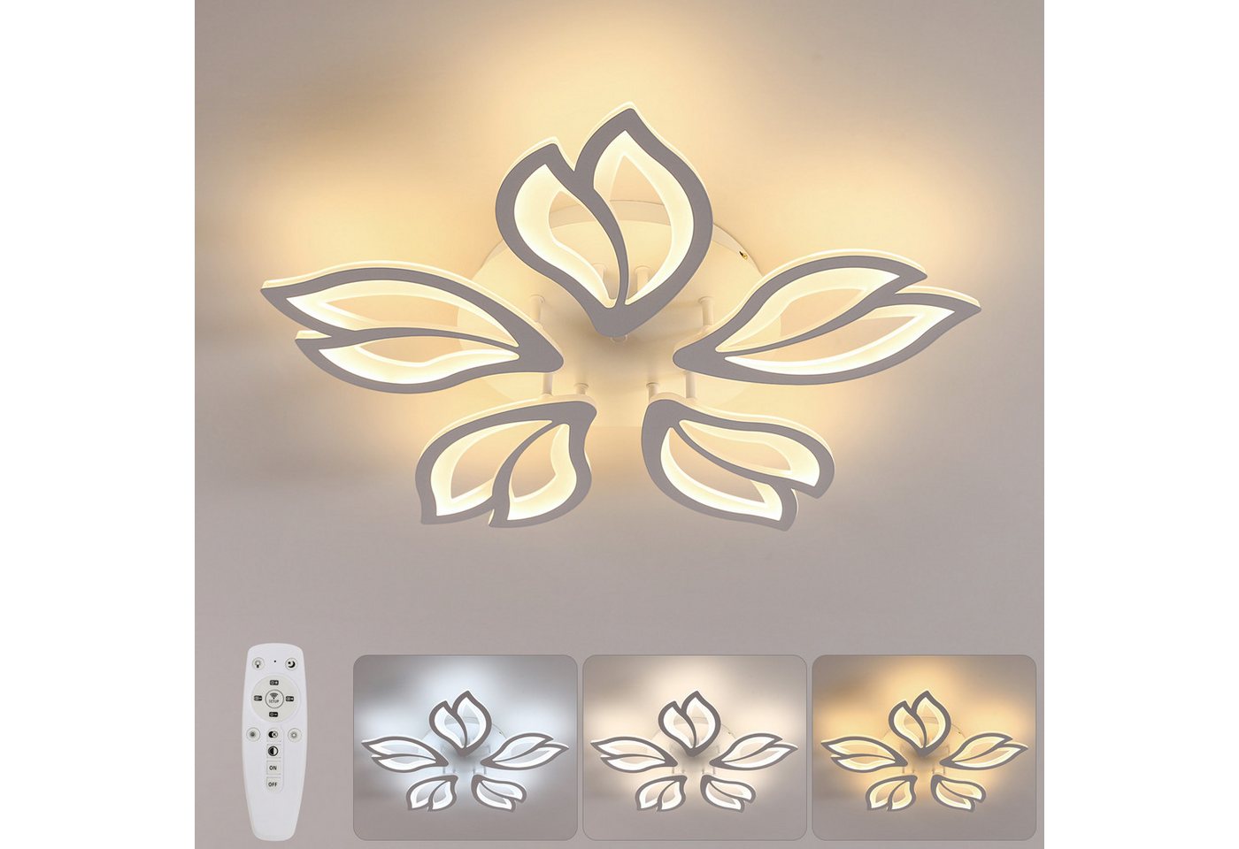 Riserva LED Deckenleuchte LED Deckenleuchte Blume 45W dimmbar mit Fernbedienung, LED wechselbar, Tageslichtweiß, deckenlampe wohnzimmer, led deckenleuchte dimmb – Bild 4 von 5