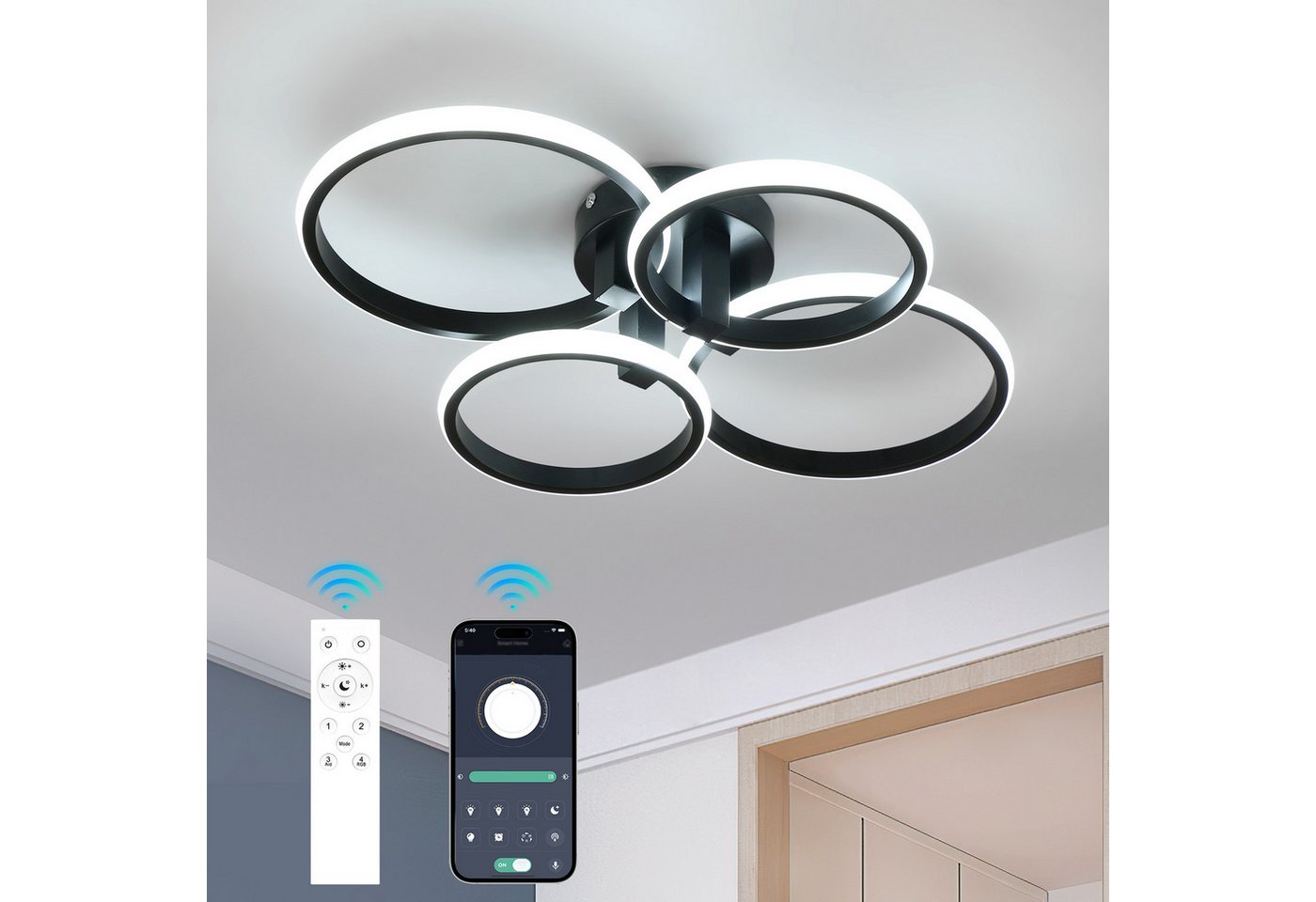 Riserva LED Deckenleuchte LED Deckenleuchte dimmbar 57W Schwarz 4 Ringe Fernbedienung, LED wechselbar, Energiesparend, kein Flimmern, Augenschutzdesign – Bild 3 von 5