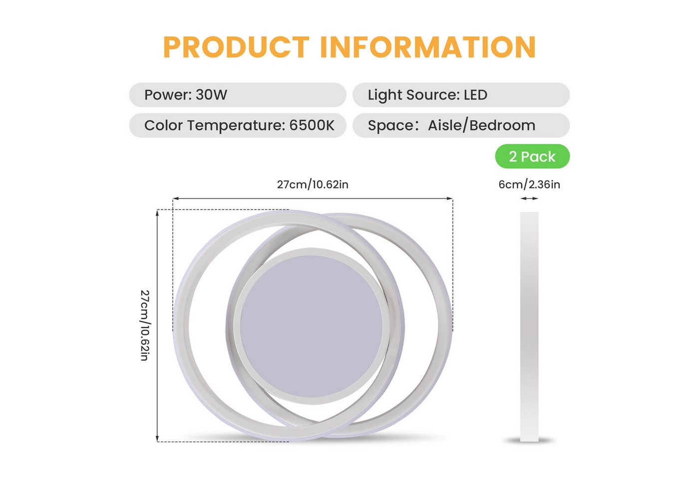 Riserva LED Deckenleuchte LED Deckenleuchte Rund 2er Set 36W Warmweiß 3000K Weiß – Bild 4 von 5