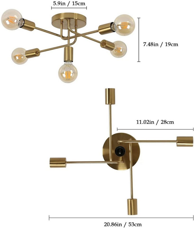 Riserva LED Deckenleuchte Schmiedeeiserne Deckenleuchte, goldene Dekoleuchte, E27, 5-flammig, LED wechselbar, Klassischer Stil, einfache Installation, ohne Leuc – Bild 2 von 5