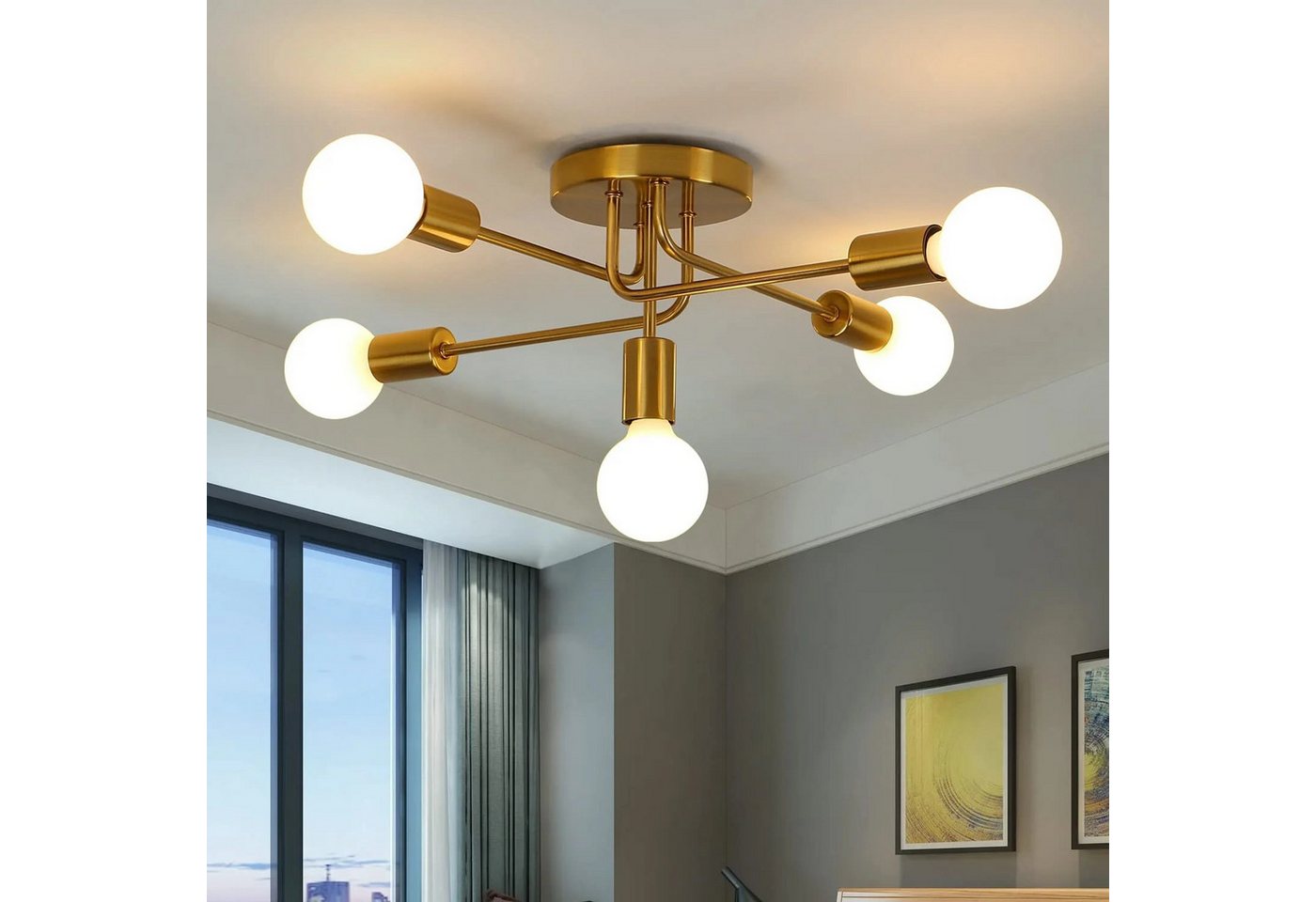 Riserva LED Deckenleuchte Schmiedeeiserne Deckenleuchte, goldene Dekoleuchte, E27, 5-flammig, LED wechselbar, Klassischer Stil, einfache Installation, ohne Leuc – Bild 4 von 5