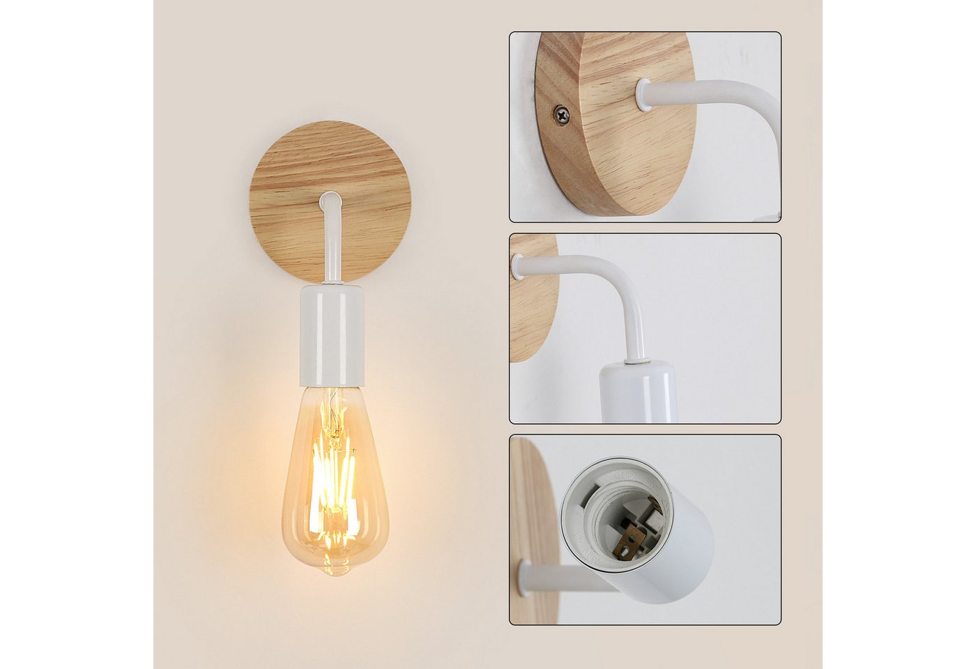Riserva LED Wandleuchte Wandleuchte 2er Set E27 Schwarz Holz, Wandlampe Vintage, Vintage Industriestil,einfache Installation,klassisches Design – Bild 3 von 5
