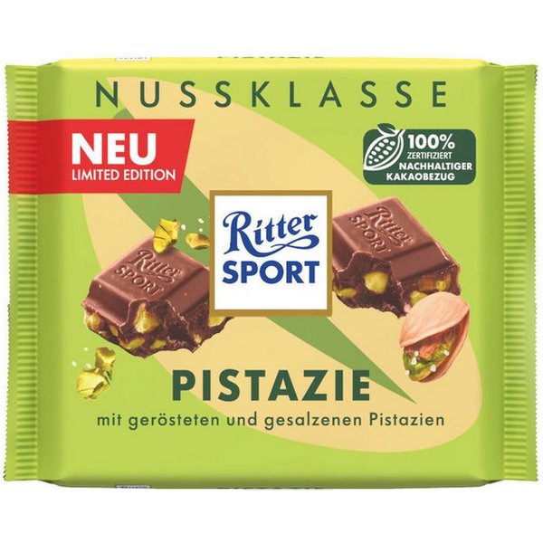 Ritter SPORT Schokolade, Ritter Sport Nussklasse Pistazie Vollmilchschokolade Packung 100g