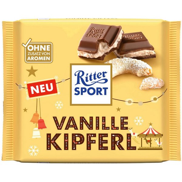 Ritter SPORT Schokolade, Ritter Sport Vanillekipferl gefüllte Vollmilchschokolade Packung 100g