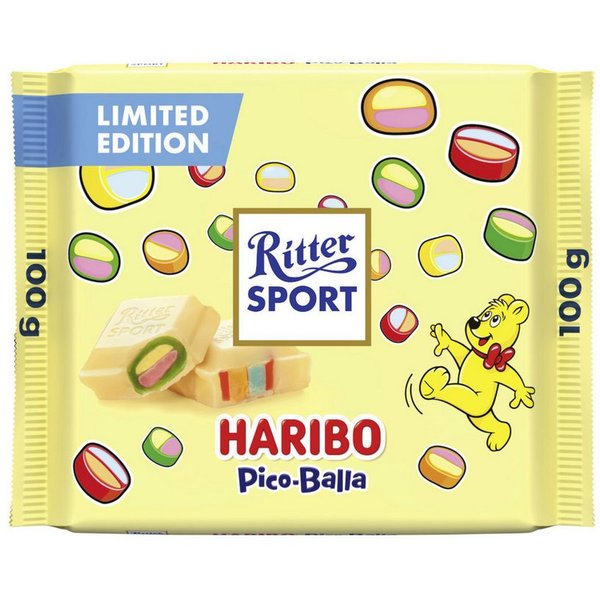 Ritter SPORT Schokolade, Ritter Sport Pico Balla Haribo weiße Schokolade mit Fruchtgummi 100g