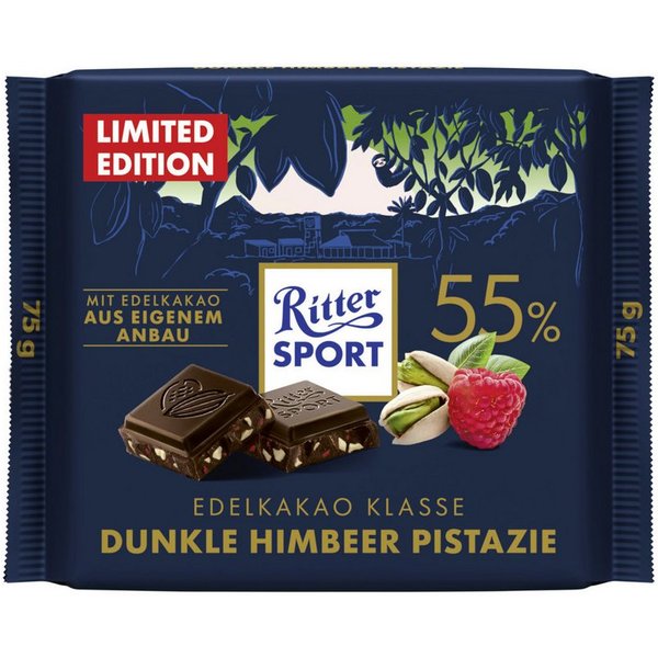 Ritter SPORT Schokolade, Ritter Sport Dunkle Himbeer Pistazie Edel Halbbitter Schokolade 75g
