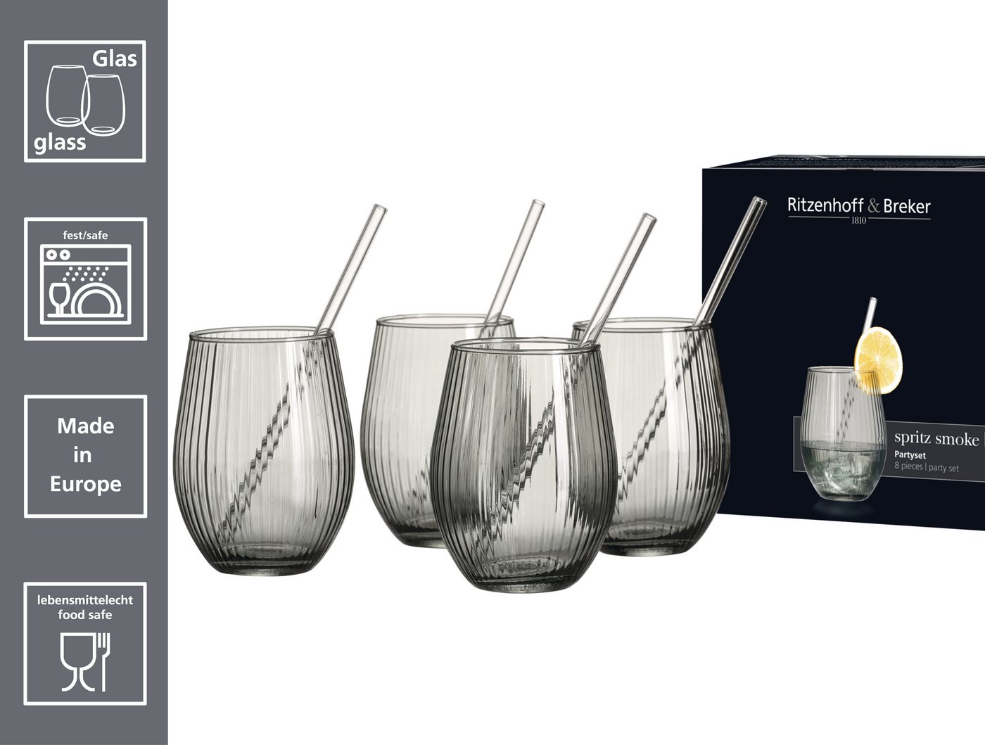 Ritzenhoff & Breker Gläser-Set Spritz, Longdrinkglas, 8-tlg., Glas, inkl. Glas-Trinkhalme, 590 ml, spülmaschinenfest – Bild 3 von 4