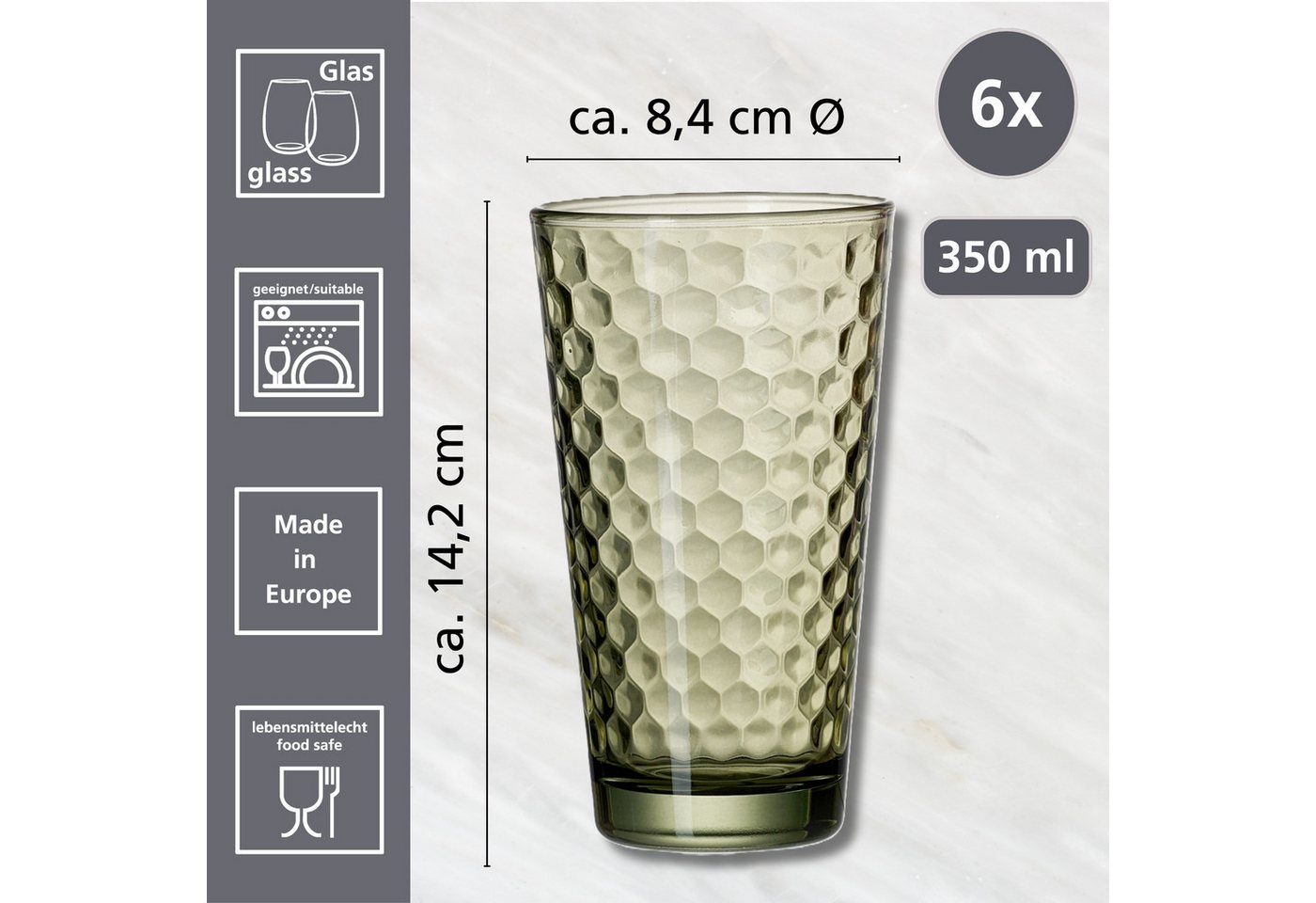 Ritzenhoff & Breker Longdrinkglas Favo, 6-teilig, 6-tlg., Glas, 6er Set, je 350 ml – Bild 2 von 2