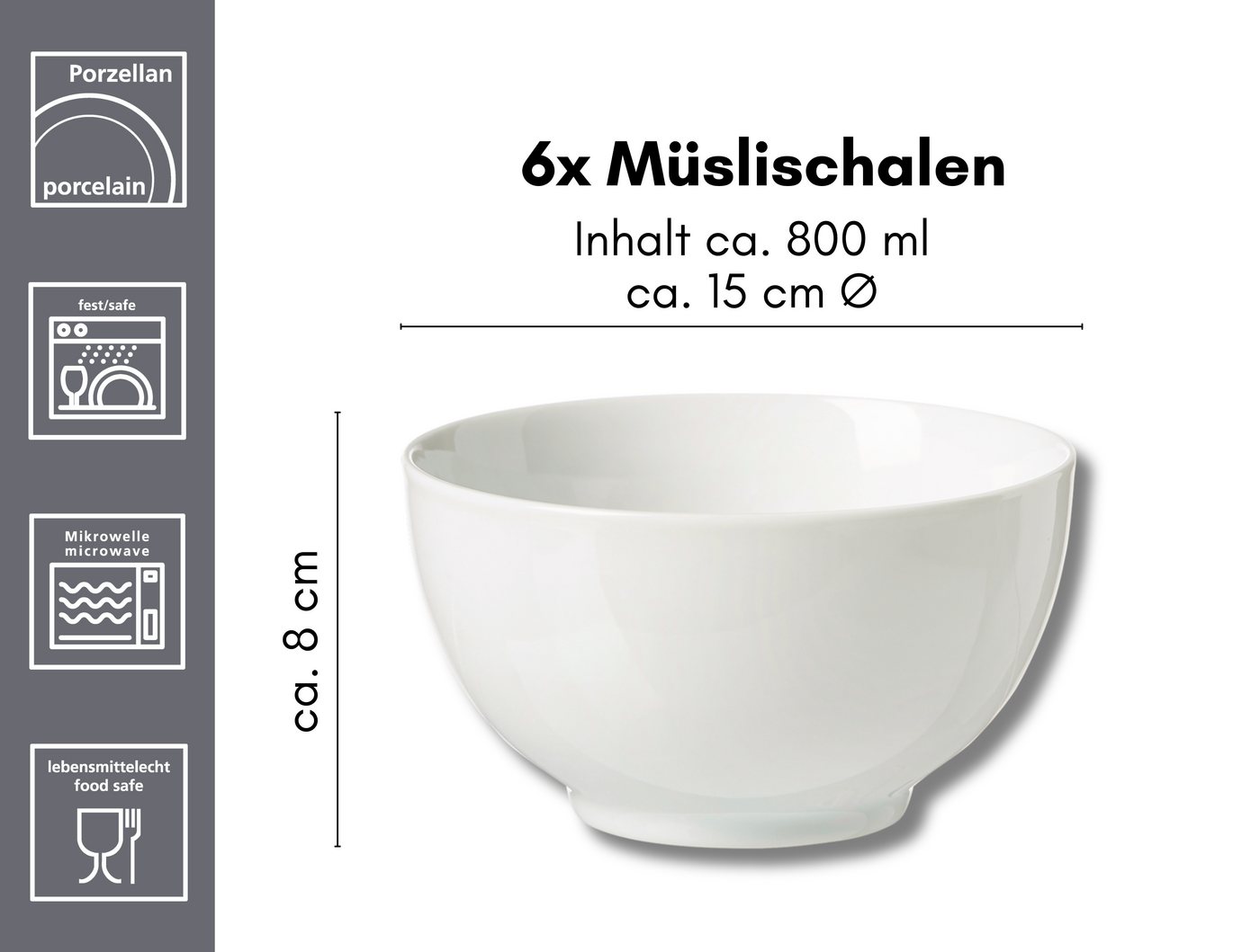 Ritzenhoff & Breker Müslischale Bianco, Porzellan, (Set, 6-tlg), klassisch-schlichte Grundform, 800 ml – Bild 3 von 3