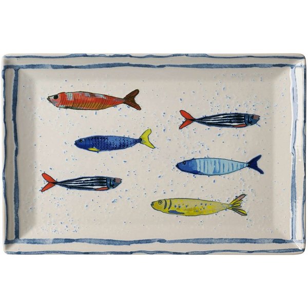 Ritzenhoff & Breker Servierplatte Maro Platte eckig 30x20 cm Servierteller Steinzeug maritim, Steinzeug, (1-tlg), Detailreich gestaltete Fische und blaue Linien