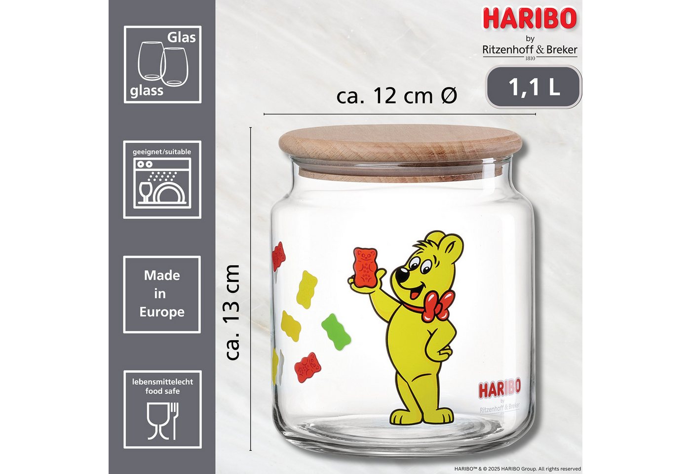 Ritzenhoff & Breker Vorratsglas HARIBO Allover, 1,1 Liter, Glas, Massivholz, Silikon, (1-tlg), Maße: 12 x 12 x 13 cm – Bild 3 von 3