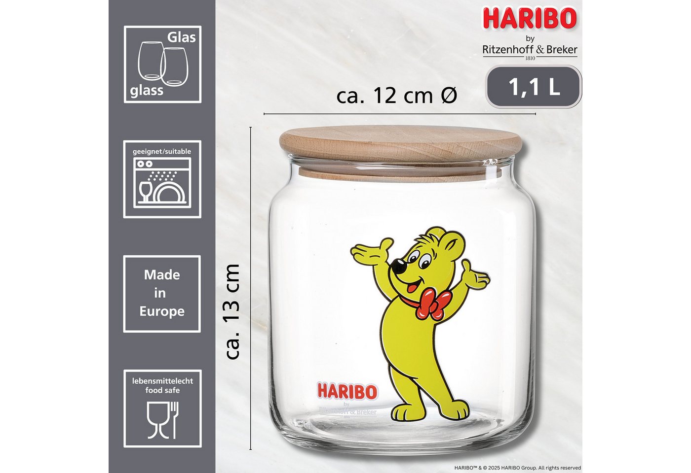Ritzenhoff & Breker Vorratsglas HARIBO Hands Up, 1,1 Liter, Glas, Massivholz, Silikon, (1-tlg), Maße: 12 x 12 x 13 cm – Bild 3 von 3
