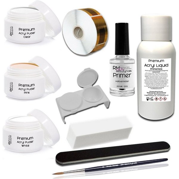 RM Beautynails Kunstfingernägel Acryl Set 1 Nagelset Starterset 50ml Liquid Acrylpuder Pulver Feile, Starter Set 1-tlg., Bei einer Acrylmodellage benötigen Sie 
