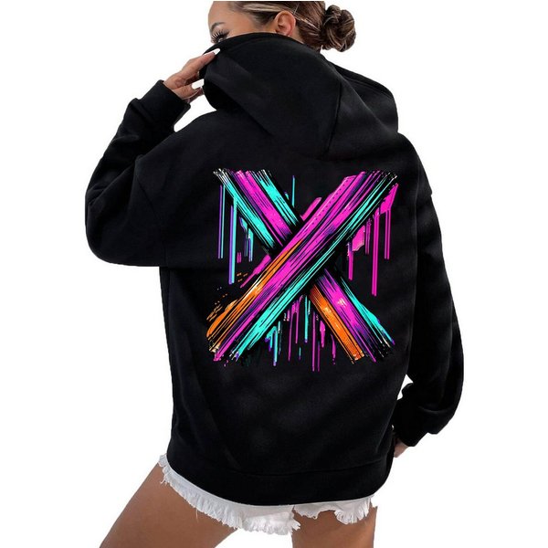 RMK Hoodie Damen Kapuzenpullover Pullover Basic Oversize Pulli mit X Print