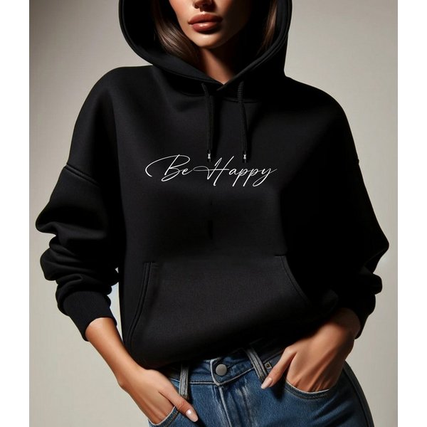 RMK Hoodie Damen Kapuzenpullover Pullover Loose Fit Oversize Be Happy Glücklich mit Kapuze