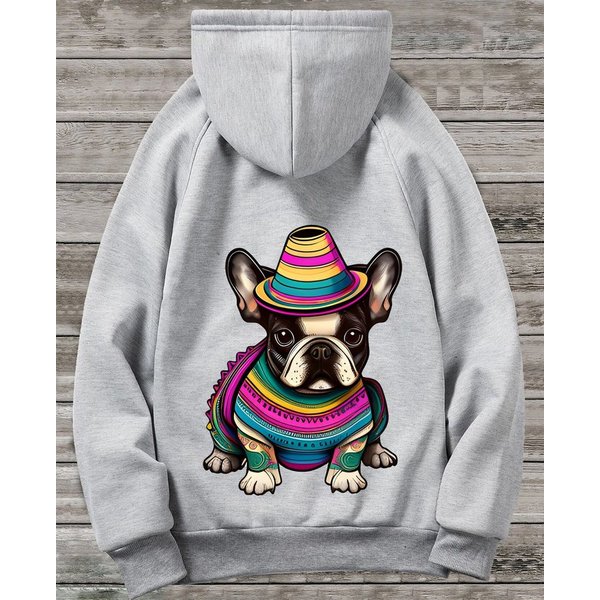RMK Hoodie Damen Pullover Basic Pulli Kapuzenpullover Seitentaschen Hund Mexico Französische Bulldogge Print