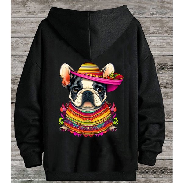 RMK Hoodie Damen Pullover Basic Pulli Kapuzenpullover Seitentaschen Hund Mexico Französische Bulldogge Print