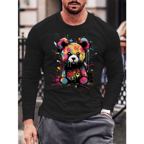RMK Langarmshirt Herren Longsleeve Rundhals Basic Teddybär Bär aus Baumwolle