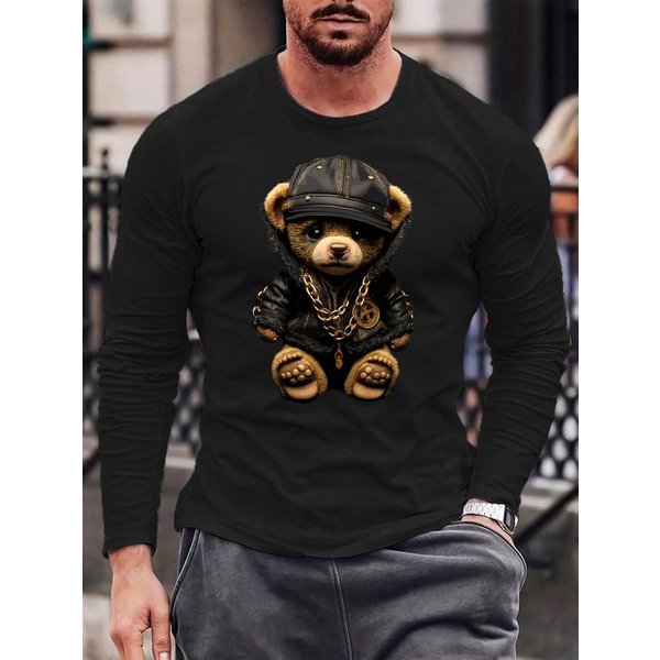 RMK Langarmshirt Herren Longsleeve Shirt Rundhals Basic Teddybär Bär aus Baumwolle