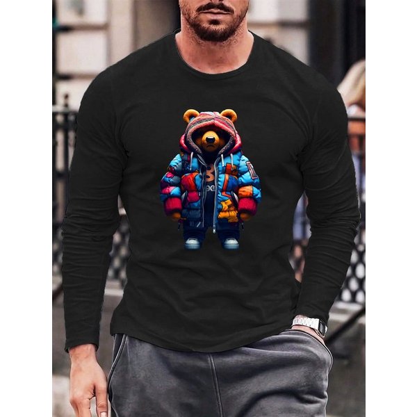 RMK Langarmshirt Herren Longsleeve Shirt Rundhals Basic Hip Hop Teddybär aus Baumwolle