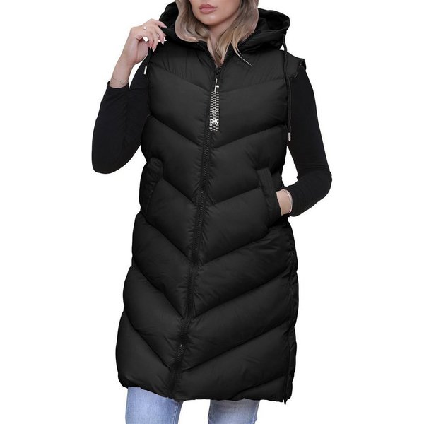 RMK Longweste Damen Steppweste Lang Weste Mantel Ärmellos Jacke Outdoor Warm Winter mit Kapuze
