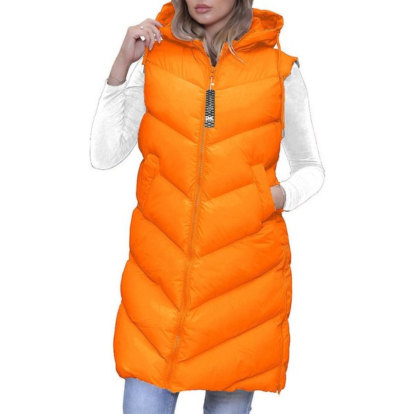 RMK Longweste Damen Steppweste Lang Weste Mantel Ärmellos Jacke Outdoor Warm Winter mit Kapuze
