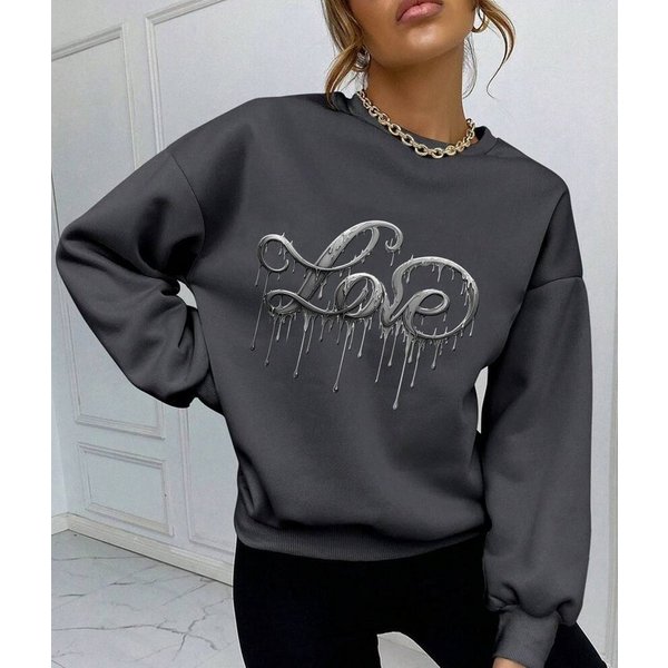 RMK Rundhalspullover Damen Pulli Pullover Hoodie Longsleeve Oversize Loose Fit Liebe mit "Love" Print, Rundhals Ausschnitt
