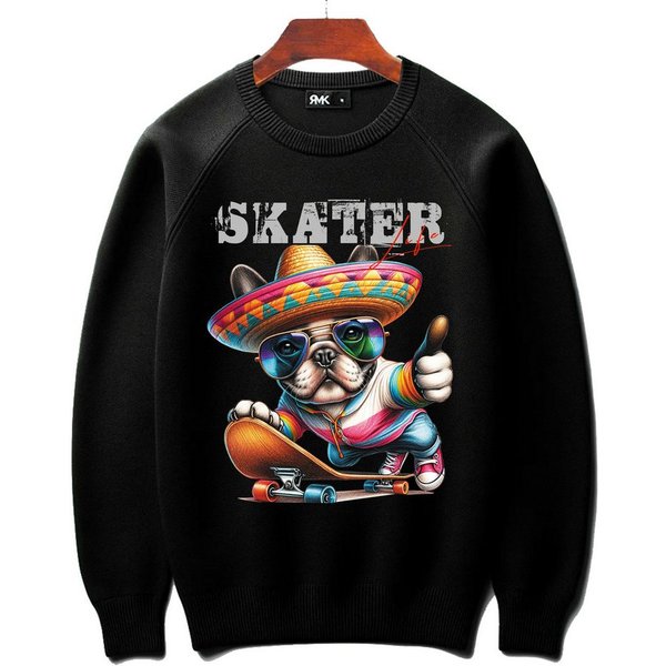 RMK Rundhalspullover Herren Pullover Langarmshirt Sweatshirt Pulli Oversize mit coolen Hunde Print