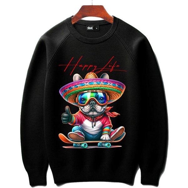 RMK Rundhalspullover Herren Pullover Langarmshirt Sweatshirt Pulli Oversize mit coolen Hunde Print