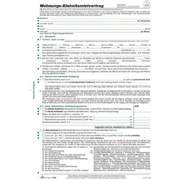 RNK Verlag Formularblock Wohnungs-Einheitsmietvertrag 4 Seiten gefalzt auf A4 + Wohnungsgeberbe