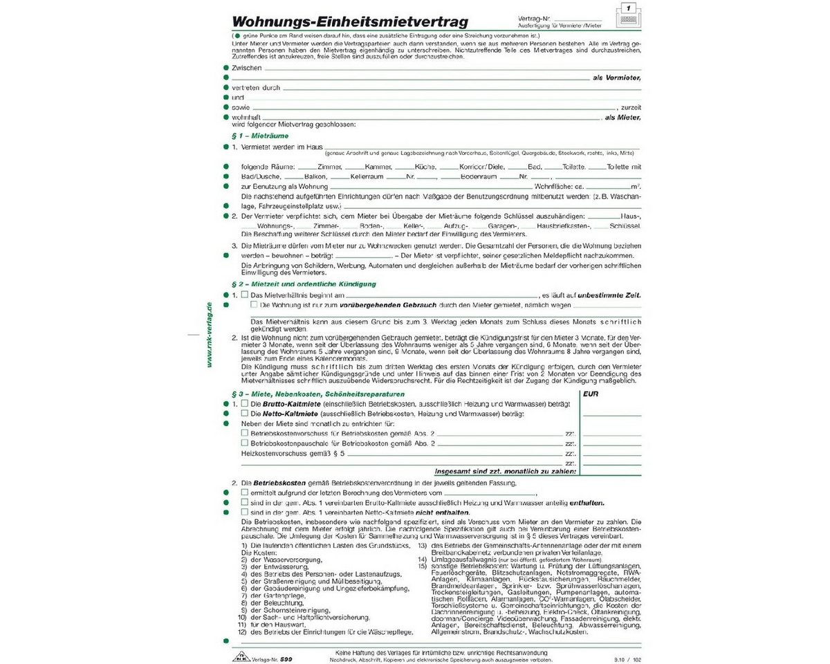 RNK Verlag Formularblock Wohnungs-Einheitsmietvertrag 4 Seiten gefalzt auf A4 + Wohnungsgeberbe – Bild 2 von 2